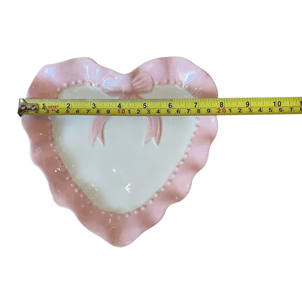 Pink & White Heart Shaped Trinket Tray 8in Ceramic Scalloped Valentines Day NEW
